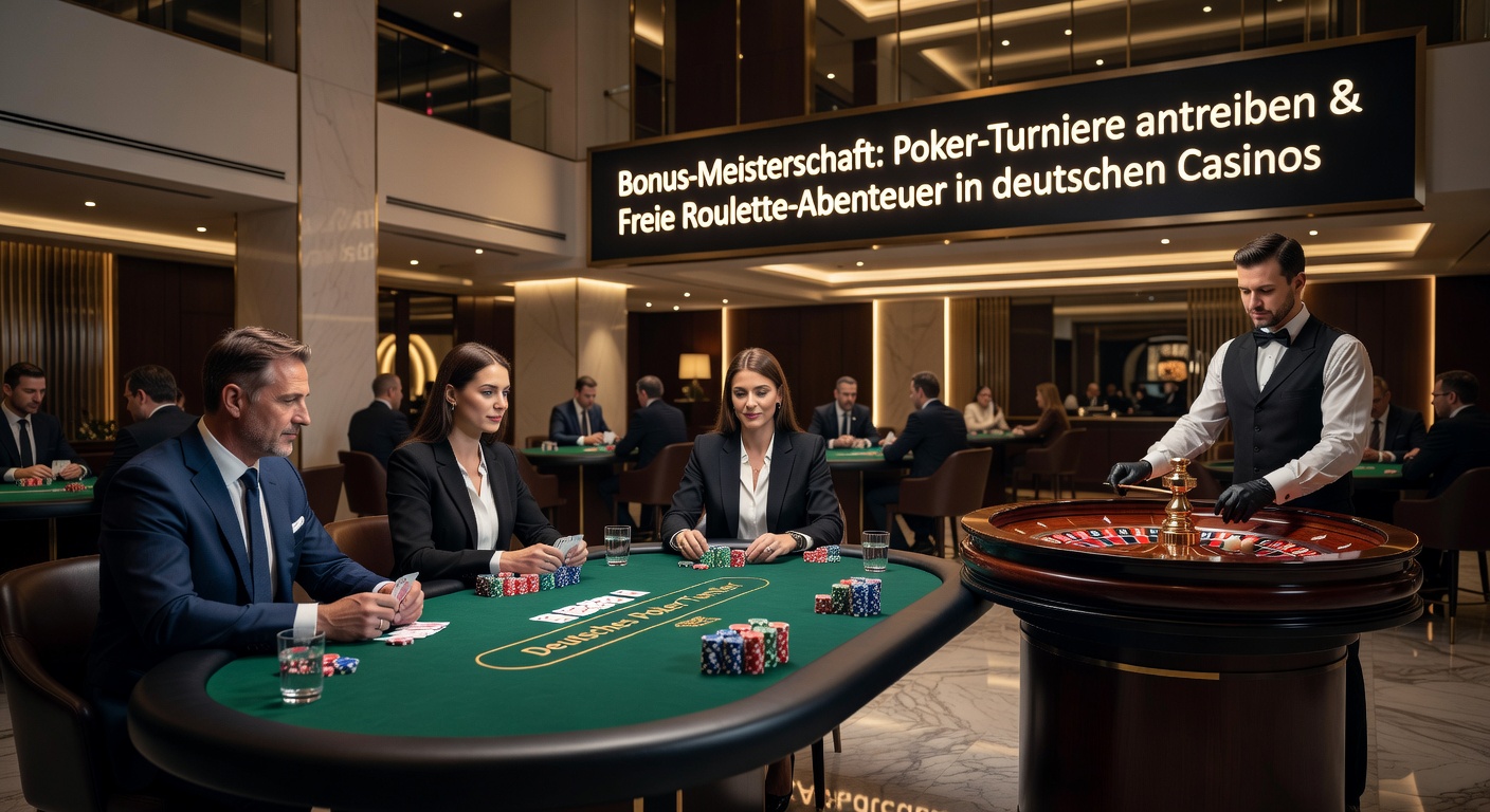 Roulette-Tisch mit freien Drehungen und Bonus-Überlagerungen, umgeben von deutschen Casino-Elementen, die Abenteuer und Strategie vermitteln