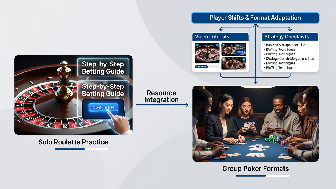 Illustration des Wechsels von Solo-Roulette-Praxis zu Gruppen-Poker mit Tutorial-Unterstützung