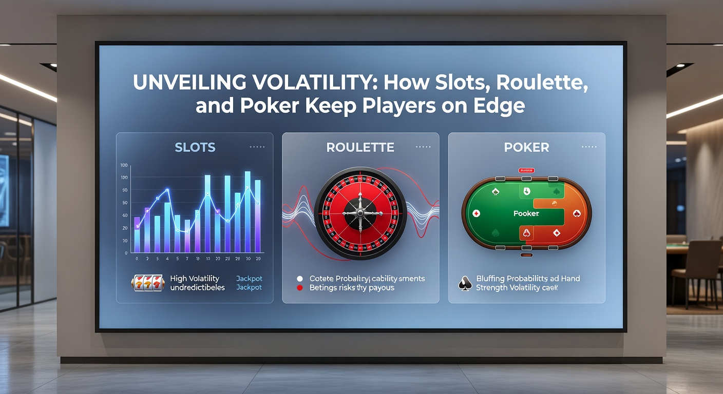 Ein Pokertisch mit Spielern in intensiver Runde, Karten und Chips verteilt, symbolisierend strategische Volatilität und Spannung