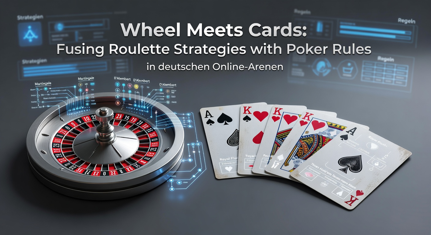 Nahaufnahme eines hybriden Spieltischs mit Poker-Chips, Karten und einem leuchtenden Roulette-Rad, das Strategien in Aktion zeigt